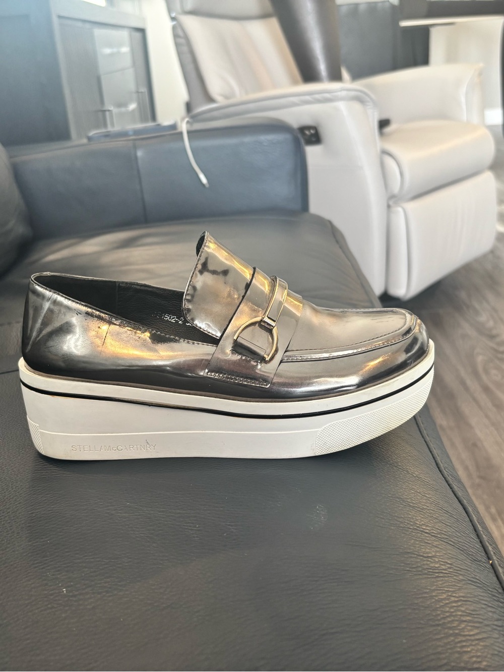 Stella McCartney Metallic Gunmetal Platform Loafers with White Sole